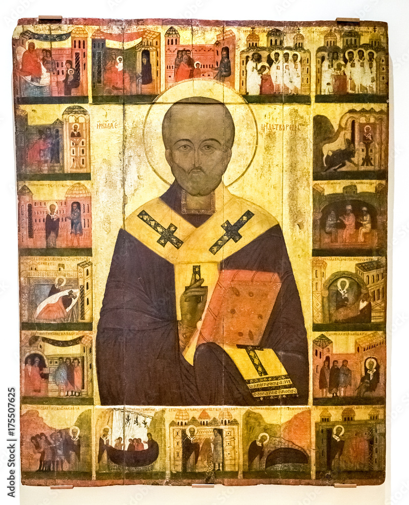 Obraz premium Antique Russian orthodox icon of St. Nicholas with scenes of his life