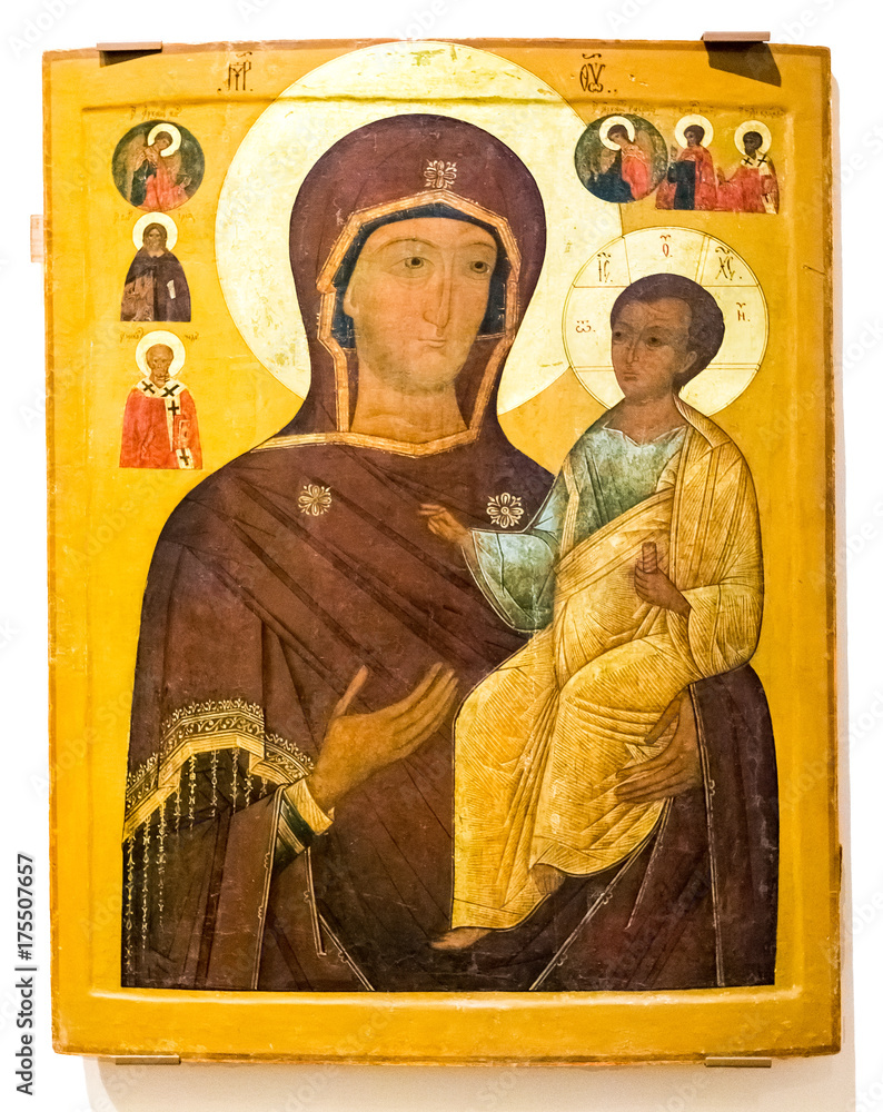 Fototapeta premium Antique Russian orthodox icon. The Mother of God Hodegetria, 19th century