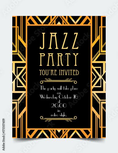 Art Deco vintage invitation template design. patterns and frames. Retro party geometric background set (1920's style). Vector illustration for glamour event, thematic wedding or jazz party.