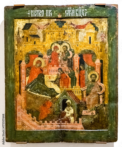 Antique Russian orthodox icon of The Nativity of the Virgin