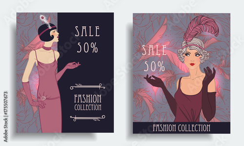 Retro fashion. Costume party or mafia game discount banner template. Flapper girl. Vintage background set (1920's style). Vector illustration for party, wedding.