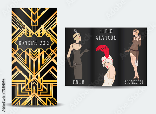 Art Deco vintage invitation template design with illustration of flapper girl. patterns and frames. Retro party background set (1920's style). Vector for event, wedding or jazz party.