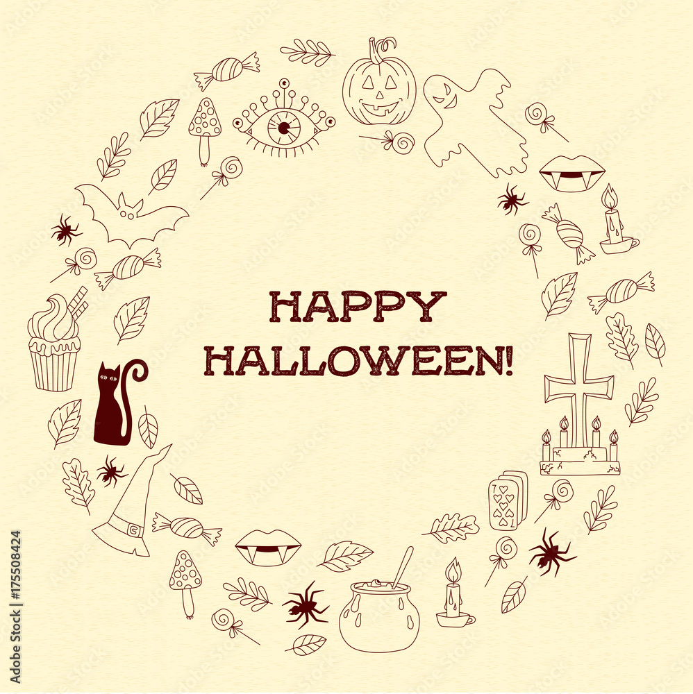 Halloween doodle icons round vector frame border