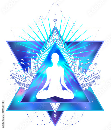 Human silhouette meditating or doing yoga. Triangle or pyramid. Sacred geometry abstract background.