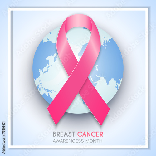 Breast cancer awareness month design. Background with pink ribbon and earth icon. Template for poster or brochure. Vector illustration