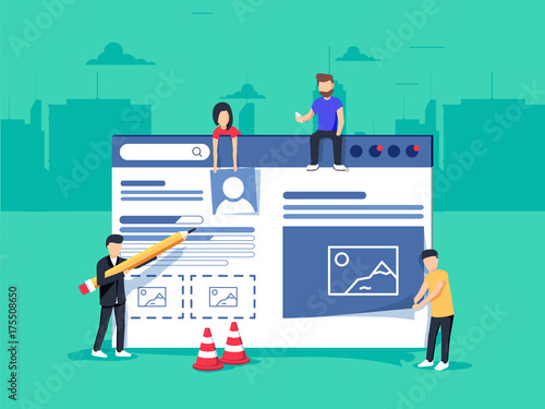 Web design and development. Site under construction. A team of young professionals working on a landing page.