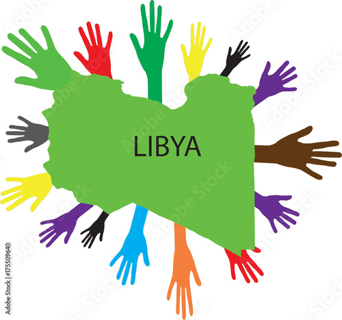 mani  di vario colore e cartina della Libia