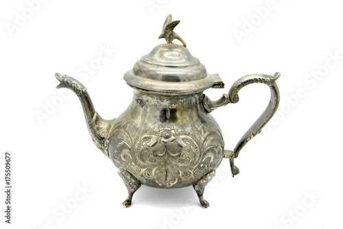 orientalic teapot with eagle on top on white background