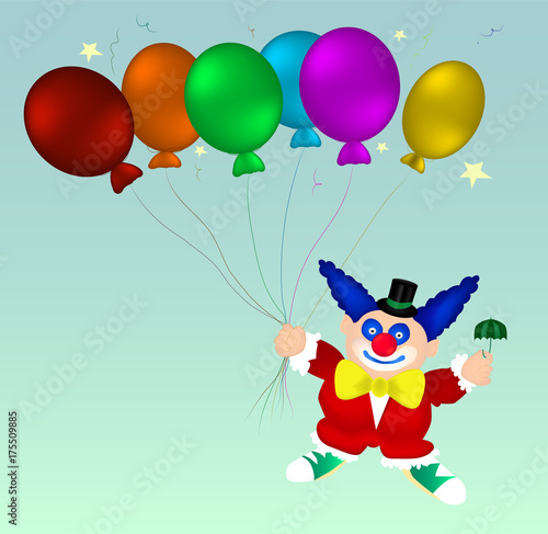 Flying clown in red clothes, blue boots with small umbrella in one hand and six balloons