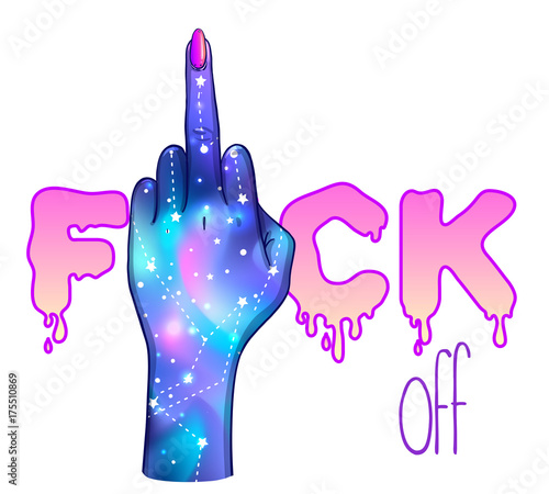 Female hand showing middle finger over f-word, galaxy inside. Occult design vector illustration. Vector isolated on white. pastel goth colors isolated on white.