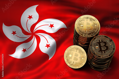 Canvas Print Stack of Bitcoin coins on Hong Kong flag