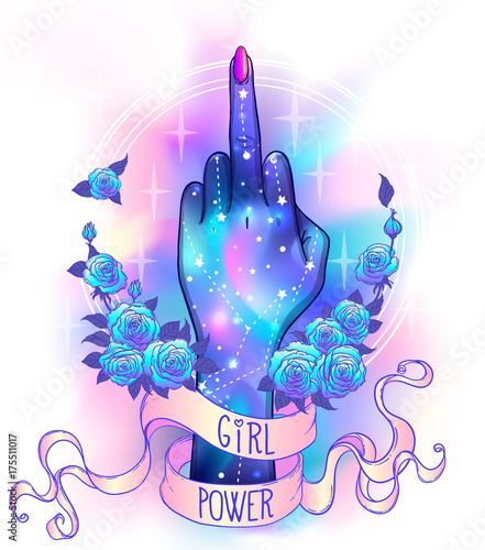 Female hand showing middle finger, galaxy inside. Hand drawn illustration. Vector illustration in pink pastel goth colors isolated on white. Sticker, patch, poster graphic design.
