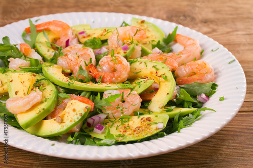 Shrimp salad with avocado arugula, scallion and almonds, horizontal