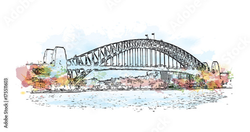 Watercolor Sketch of Sydney Harbour bridge Australia in vector illustration.