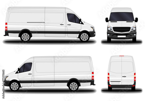 realistic cargo van. front view; side view; back view. photo