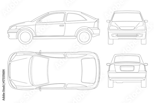 Sedan Car in lines. Isolated car, template for car branding and advertising. Front, rear , side, top and back. All elements in groups on separate layers.
