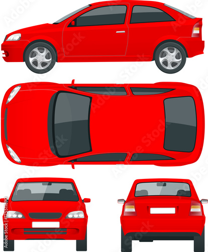 Set of Sedan Cars. Isolated car, template for car branding and advertising. Front, rear , side, top Change the color in one click All elements in groups on separate layers
