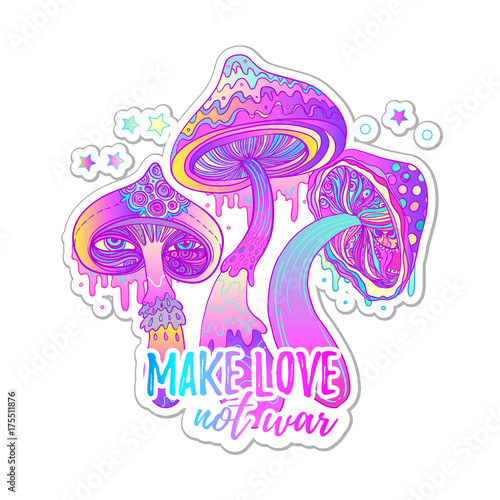 Fototapeta Naklejka Na Ścianę i Meble -  Magic mushrooms. Psychedelic hallucination. Vibrant vector illustration. 60s hippie colorful art in pink pastel goth colors isolated on white. Sticker, patch, poster.
