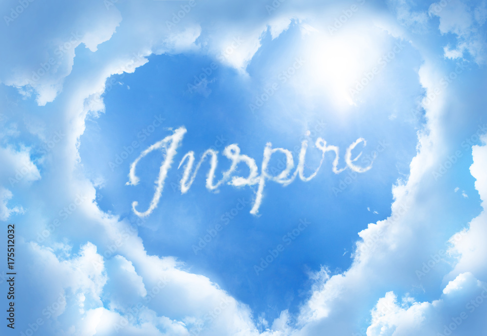 Inspire ,cloud word inside heart cloud frame on blue sky background.. Inspire ,cloud word inside heart cloud frame on blue sky background..