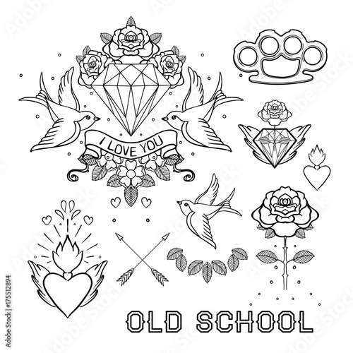 Old school tattoo set. Classic vector tattoo doodle elements: flower, sacred heart, diamond, swallow, brass knuckles. Traditional Drawing Collection. Sticker, patch, pin design.