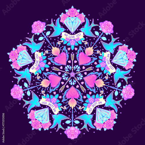 Tattoo old school style mandala. Vector illustration isolated. Linework Tradi...