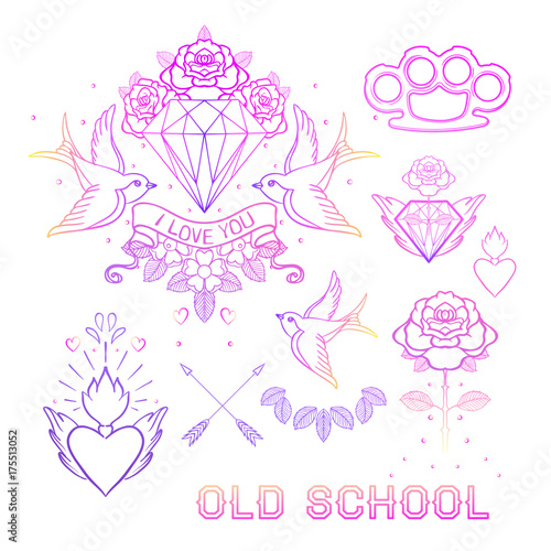 Old school tattoo set. Classic vector tattoo doodle elements: flower, sacred heart, diamond, swallow, brass knuckles. Traditional Drawing Collection. Sticker, patch, pin design.