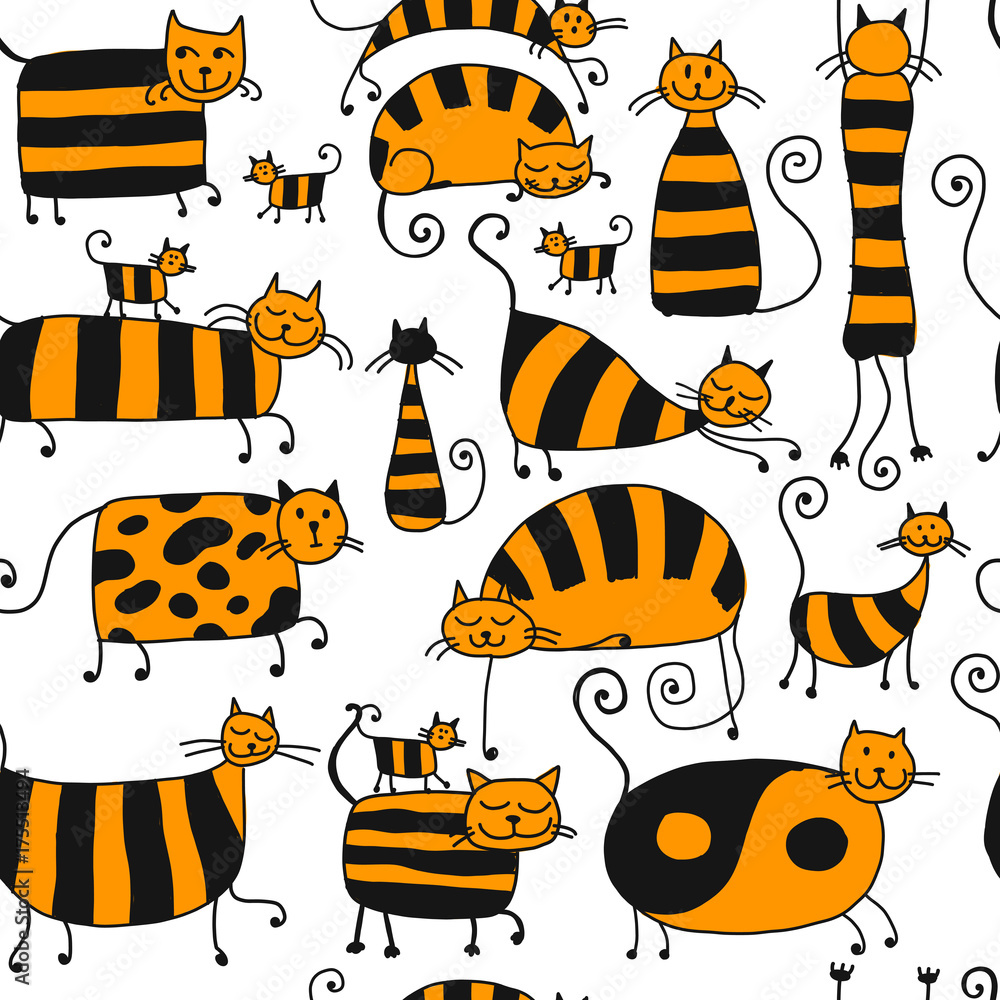 Cute striped cats family, seamless pattern for your design