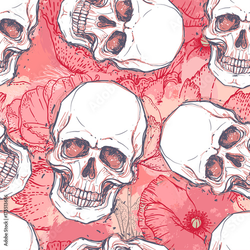 Human skull with peony, rose and poppy flowers on watercolor background.Seamless pattern design. Vector illustration.