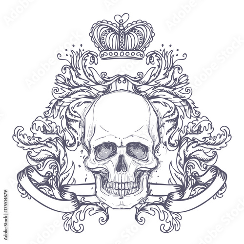 Gothic coat of arms with skull. Vintage label. Retro vector design graphic element. Hand drawn line art. Victorian tattoo template. Isolated vector illustration, design element.