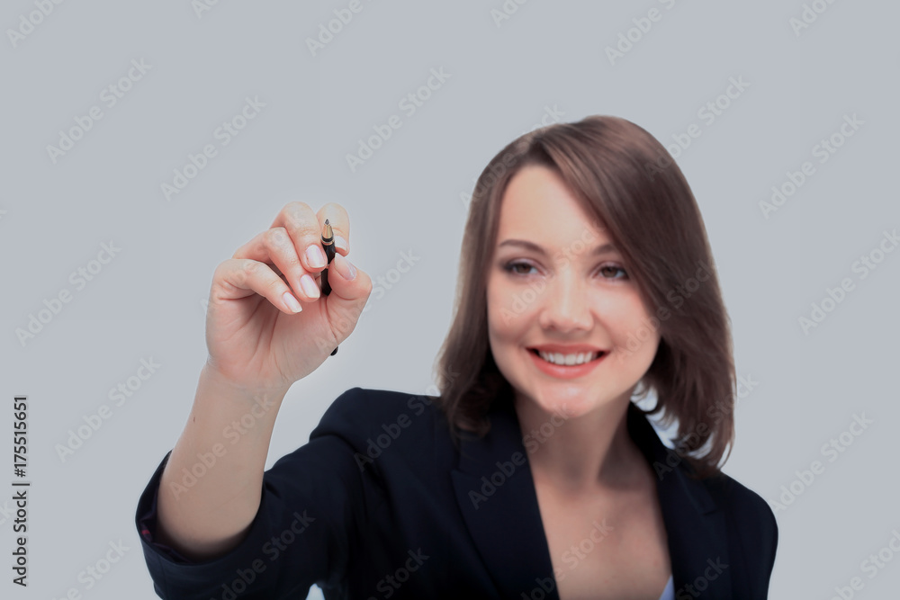 Young businesswoman with pen isolated on white background Young businesswoman with pen isolated on white background