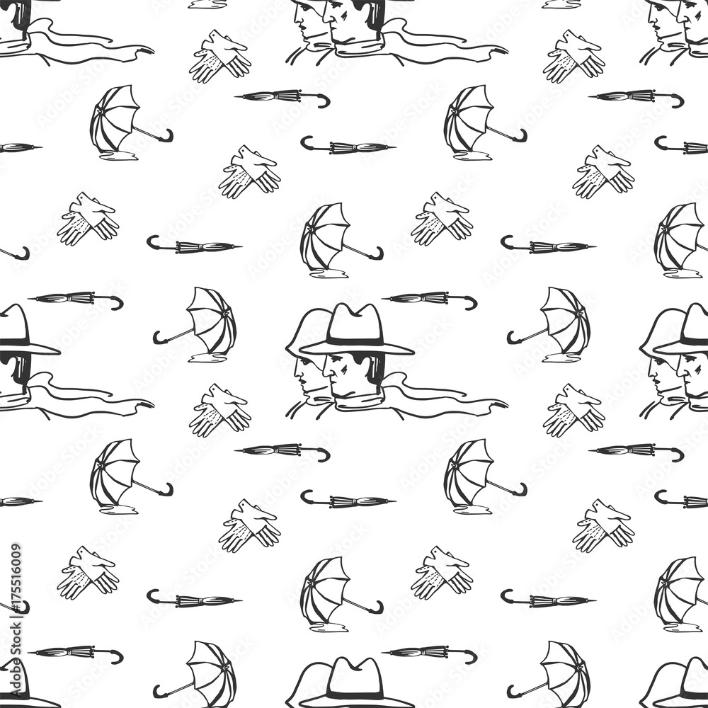 Autumn Spring seamless pattern, vector background. Opened umbrellas lie in a puddle of water, folded umbrellas, gloves, man and woman. For wallpaper design, wrappers, fabrics, decorating. Autumn Spring seamless pattern, vector background. Opened umbrellas lie in a puddle of water, folded umbrellas, gloves, man and woman. For wallpaper design, wrappers, fabrics, decorating.