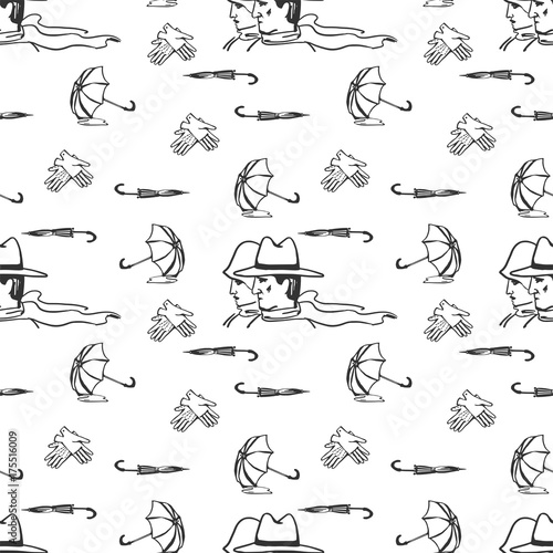 Autumn Spring seamless pattern, vector background. Opened umbrellas lie in a puddle of water, folded umbrellas, gloves, man and woman. For wallpaper design, wrappers, fabrics, decorating. © Octostockus