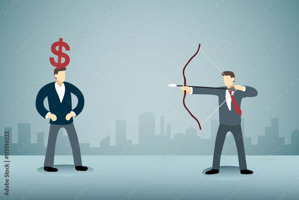 Businessman Aiming bow with arrow to man with Dollar sign on his head. Businessman Aiming bow with arrow to man with Dollar sign on his head.