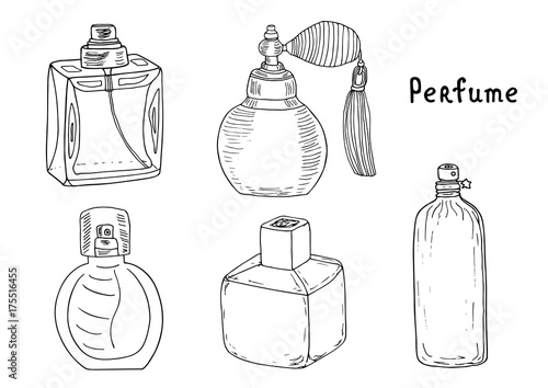 Perfume set. Hand drawn artistic sketch illustration. Vintage aroma and deodorant container collection.