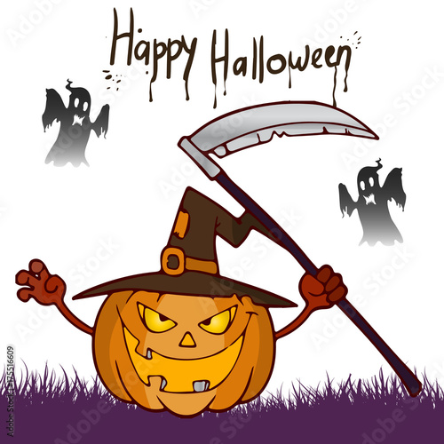 Halloween feast. pumpkin with a scythe in a hat, a cartoon on a white background.