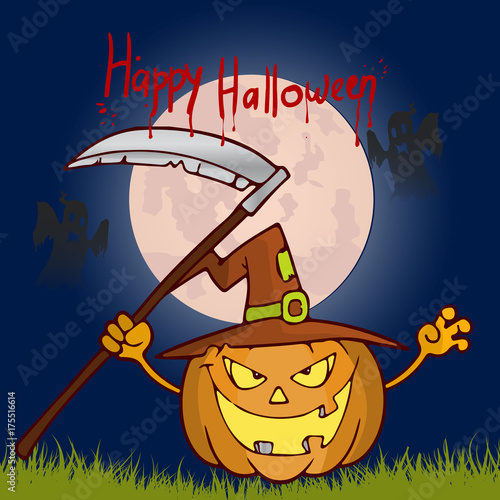 Halloween feast. Pumpkin with a scythe in a hat, cartoon illustration.