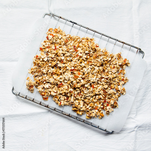 preparation of granola. on a baking sheet for oven
