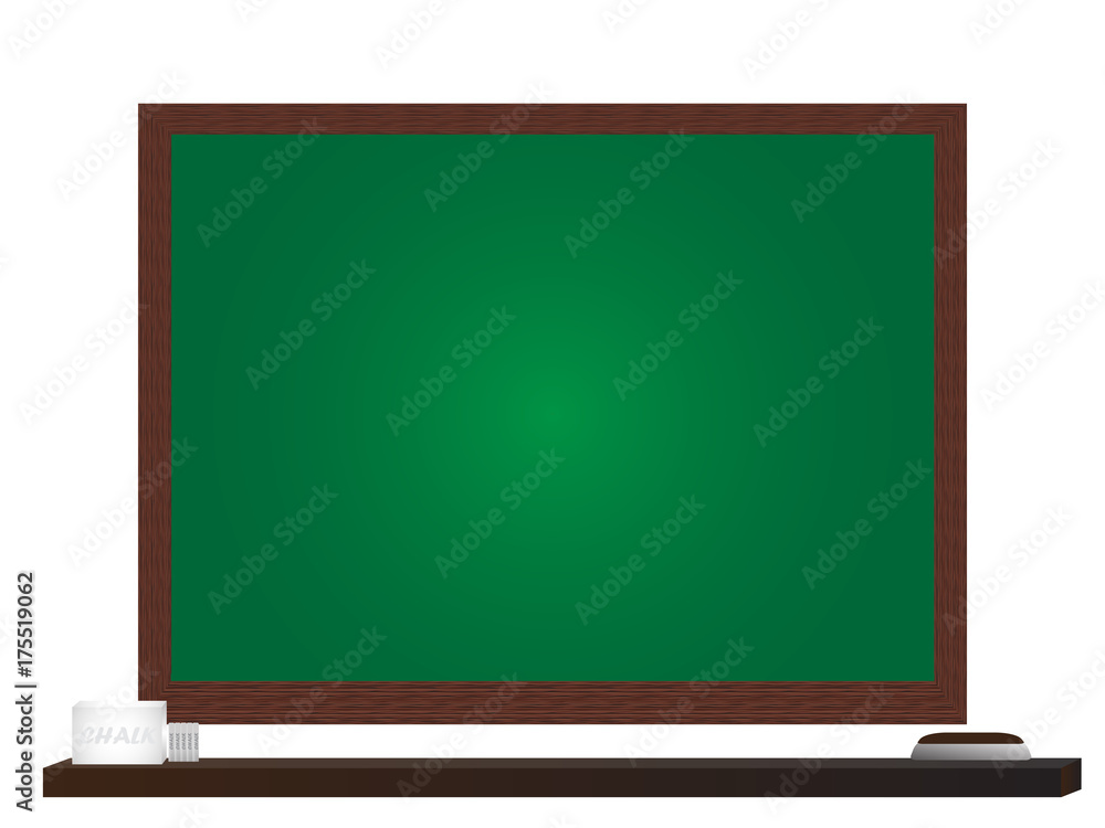 Green board with wooden shelf on white background. Concept copy space for background. Element to education or business .Vector illustration. Green board with wooden shelf on white background. Concept copy space for background. Element to education or business .Vector illustration.