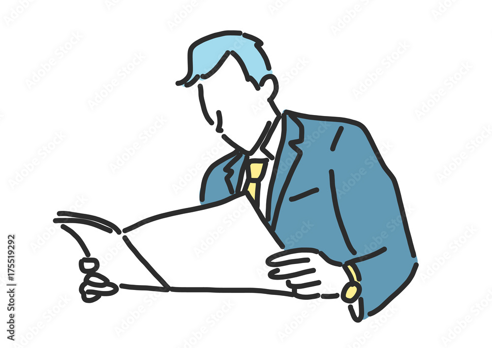 Businessman reading newspaper. line drawing illustration in various poses.