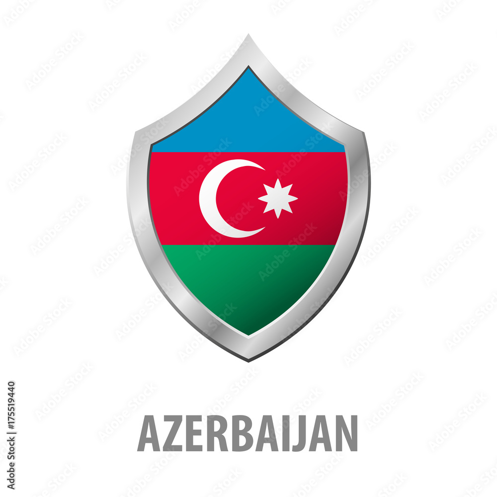 Azerbaijan flag on metal shiny shield vector illustration.