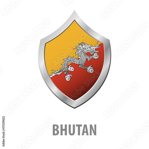 Bhutan flag on metal shiny shield vector illustration.
