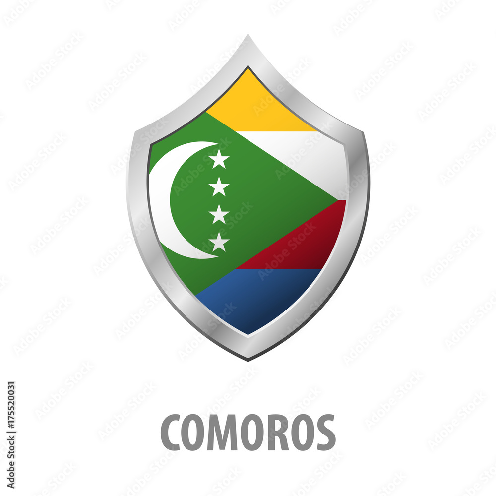 Fototapeta premium Comoros flag on metal shiny shield vector illustration.