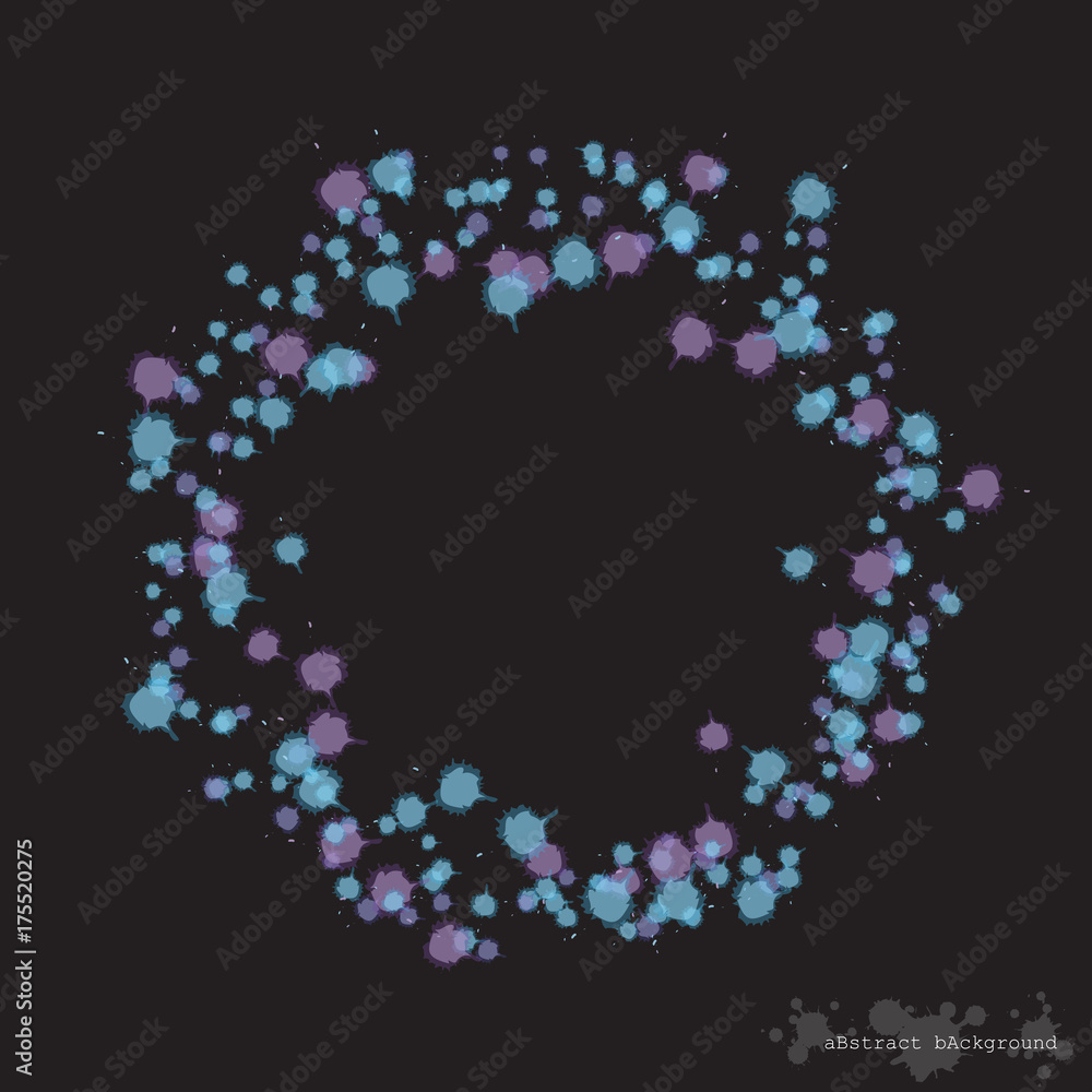 Circle with colorful spots and sprays on a black used to website template or texture background. Abstract art water color vector design.