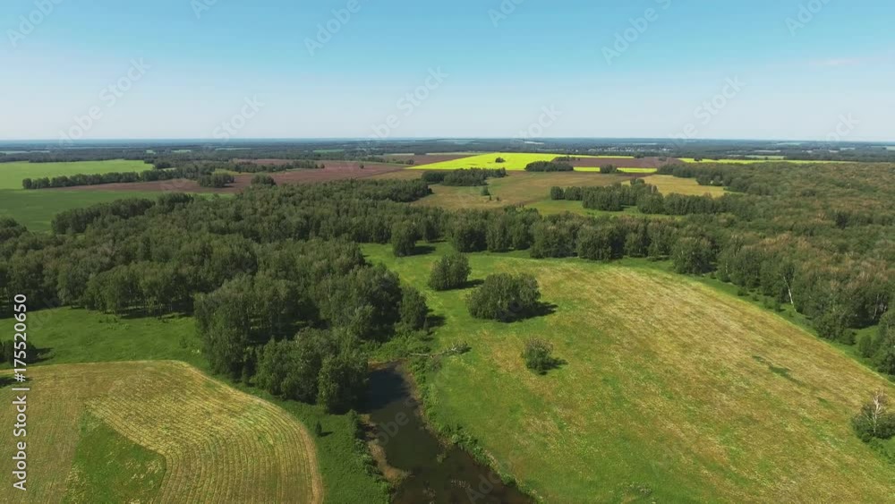 Sunny aerial view of idyllic farmland with pretty wooded boundaries. Blooming valley with bright greenery and forest: a calming natural landscape. Aerial view in summer clear day. Sunny aerial view of idyllic farmland with pretty wooded boundaries. Blooming valley with bright greenery and forest: a calming natural landscape. Aerial view in summer clear day.