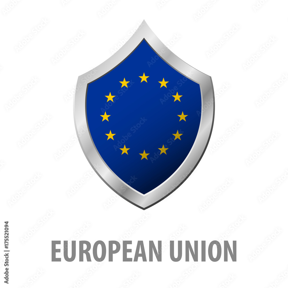 European Union flag on metal shiny shield vector illustration. European Union flag on metal shiny shield vector illustration.