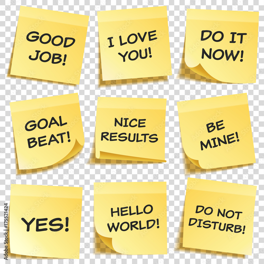 Sticky note with text and shadow isolated on transparent background set. Yellow paper. Message on notepaper.Reminder. Vector illustration Sticky note with text and shadow isolated on transparent background set. Yellow paper. Message on notepaper.Reminder. Vector illustration
