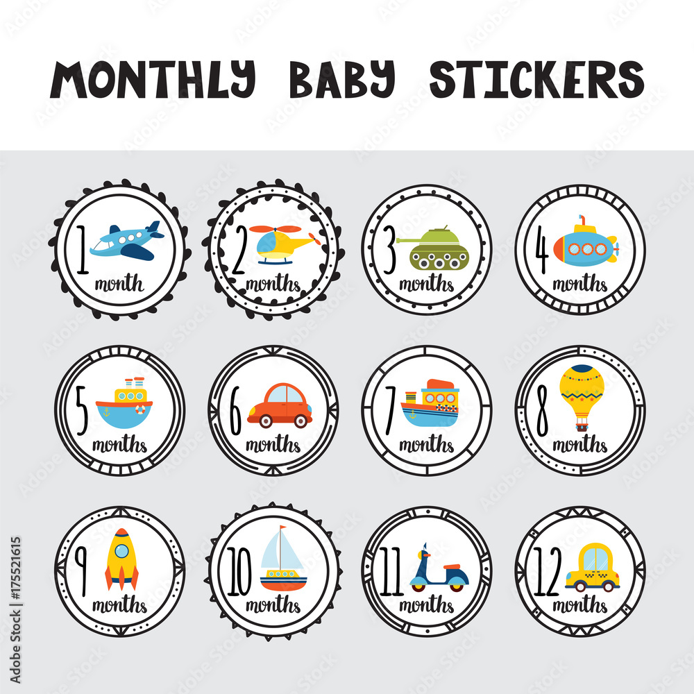 Monthly baby stickers for little boys. Month by month growth stickers for clothing. Great baby shower gift. Cartoon transport