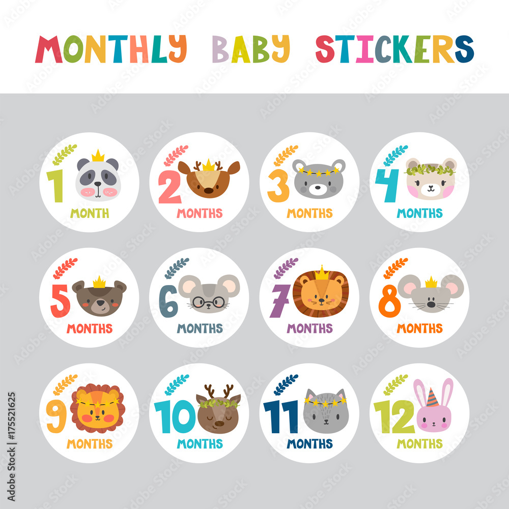 Monthly baby stickers for little girls and boys. Month by month growth stickers for clothing. Cute cartoon animals. Great baby shower gift