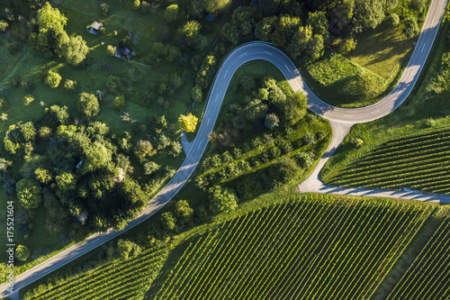 Luftaufnahme, Straßenserpentinen durch ländliche Gegend in Schnait, Remstal, Baden Württemberg, Deutschland photo