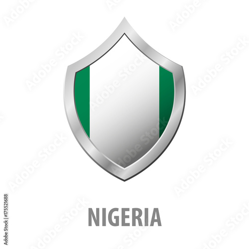 Nigeria flag on metal shiny shield vector illustration.